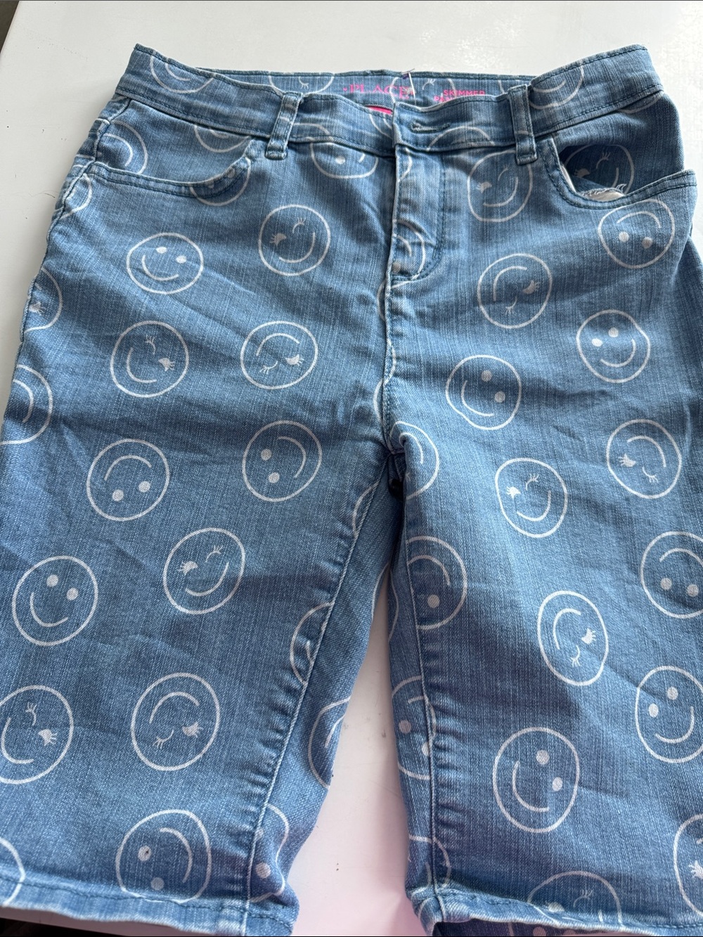 Place Blue Denim Shorts with White Smiley Print